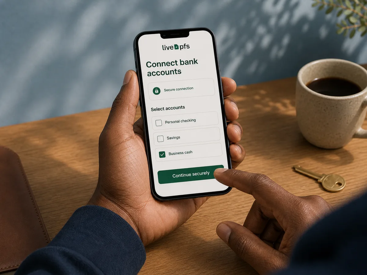 Hands hold a phone showing an illustrative LivePFS connect-bank-accounts screen — secure connection, select accounts — over a warm oak desk