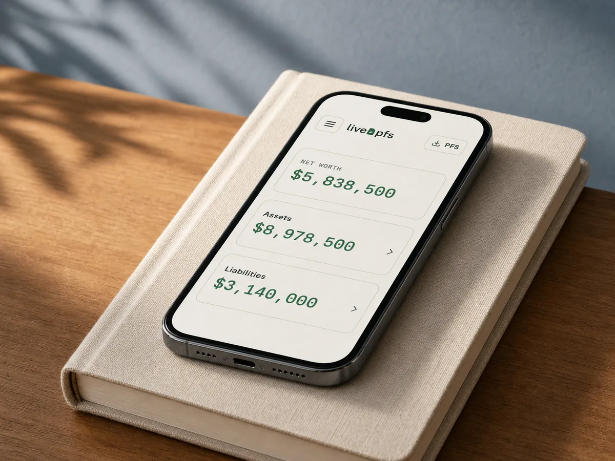 A phone resting on a linen notebook shows an illustrative LivePFS net-worth screen with example balances — not customer data — in soft morning light