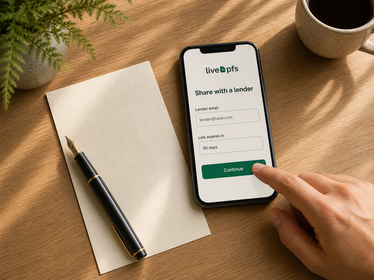 A borrower taps Continue on an illustrative LivePFS share-with-a-lender screen — lender email and link expiry — beside a fountain pen on blank cream paper